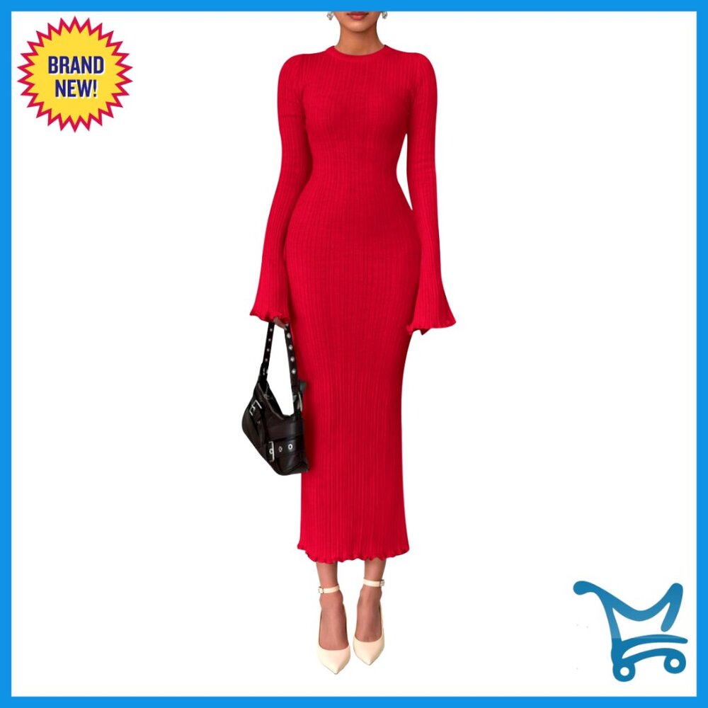 Ribbed Knit Bodycon Maxi Dress Bell Sleeve Elegant Winter Party Wear